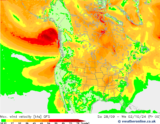 Max. wind snelheid GFS vr 27.09.2024 03 UTC