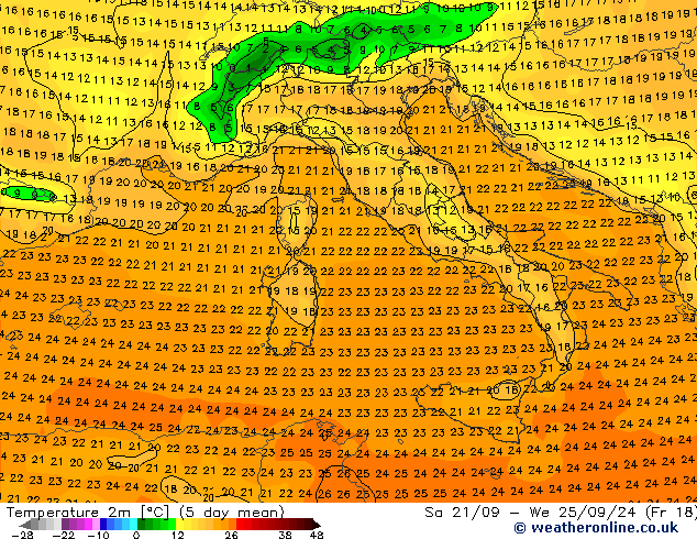 Temperatuurkaart (2m) GFS zo 22.09.2024 00 UTC