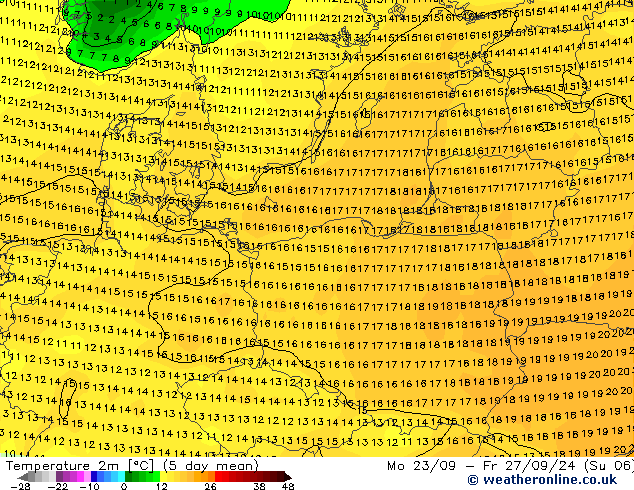 Temperatuurkaart (2m) GFS ma 23.09.2024 00 UTC