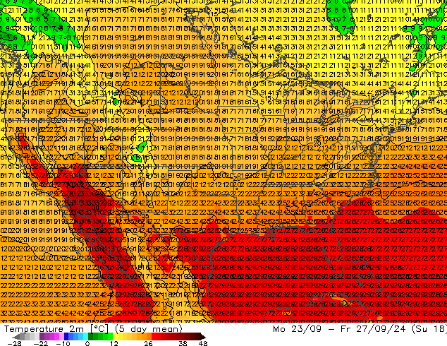 mapa temperatury (2m) GFS pon. 23.09.2024 18 UTC