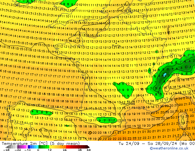 mapa temperatury (2m) GFS so. 28.09.2024 00 UTC