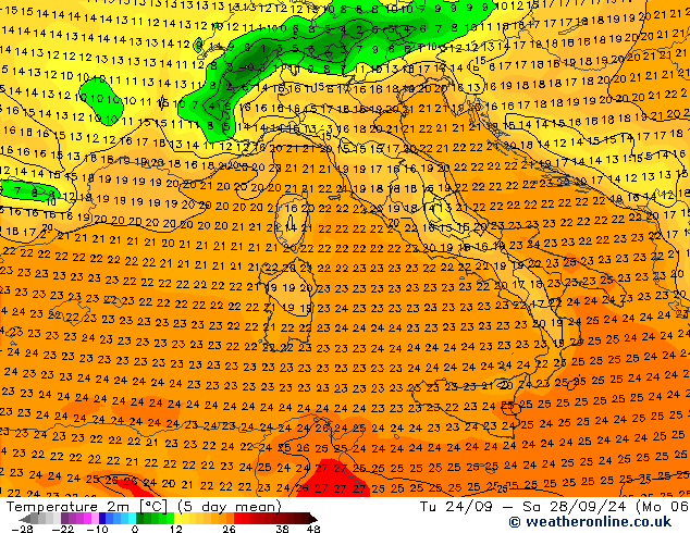 Temperatuurkaart (2m) GFS di 01.10.2024 00 UTC