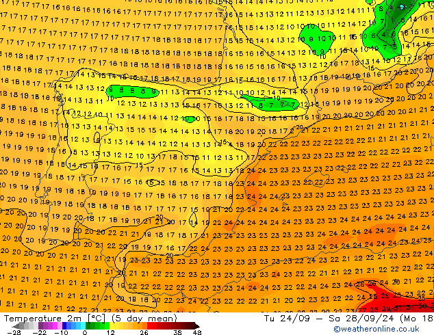 Temperatura (2m) GFS mié 25.09.2024 12 UTC