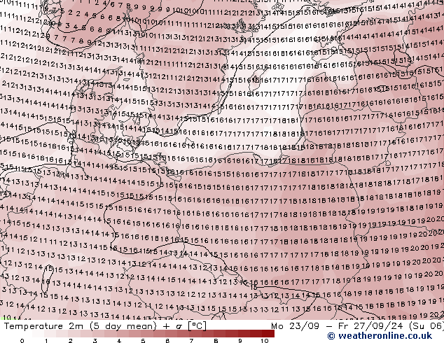 Temperatuurkaart (2m) GFS ma 23.09.2024 21 UTC