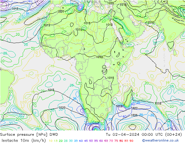 Izotacha (km/godz) DWD wto. 02.04.2024 00 UTC