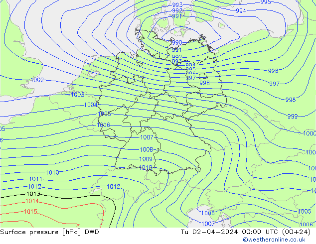 地面气压 DWD 星期二 02.04.2024 00 UTC