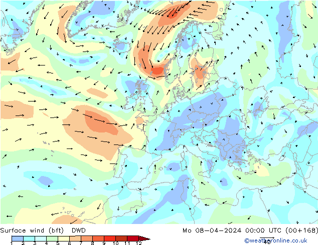 Surface wind (bft) DWD Mo 08.04.2024 00 UTC