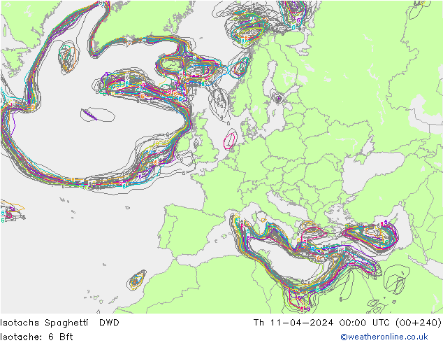 Isotachs Spaghetti DWD Čt 11.04.2024 00 UTC