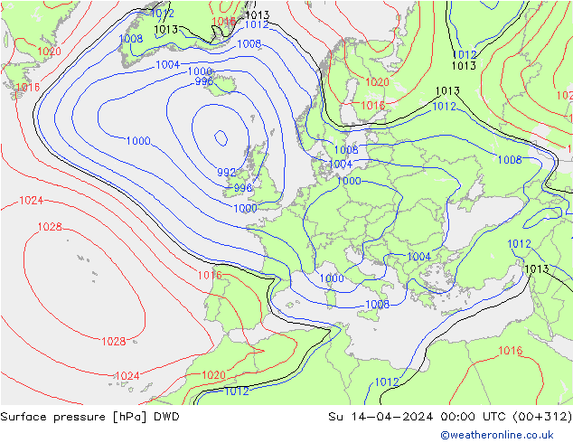 Atmosférický tlak DWD Ne 14.04.2024 00 UTC