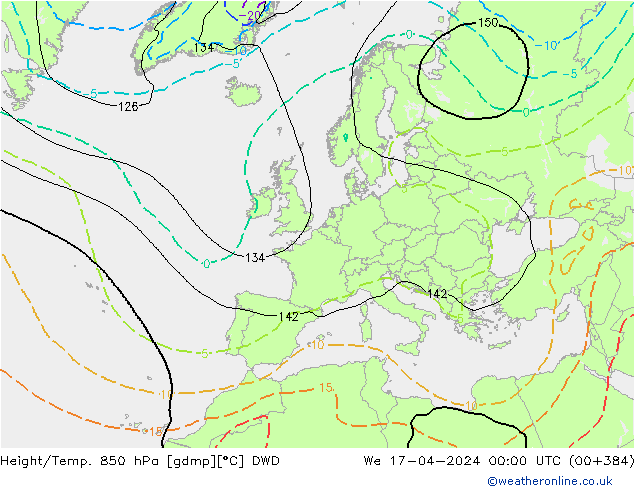 Hoogte/Temp. 850 hPa DWD wo 17.04.2024 00 UTC