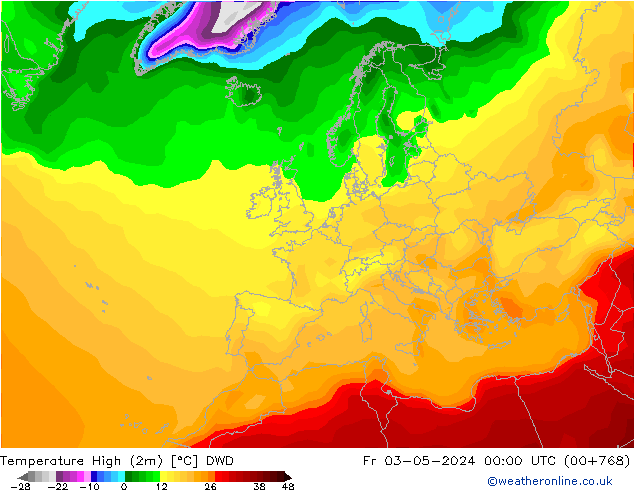 Max.temperatuur (2m) DWD vr 03.05.2024 00 UTC
