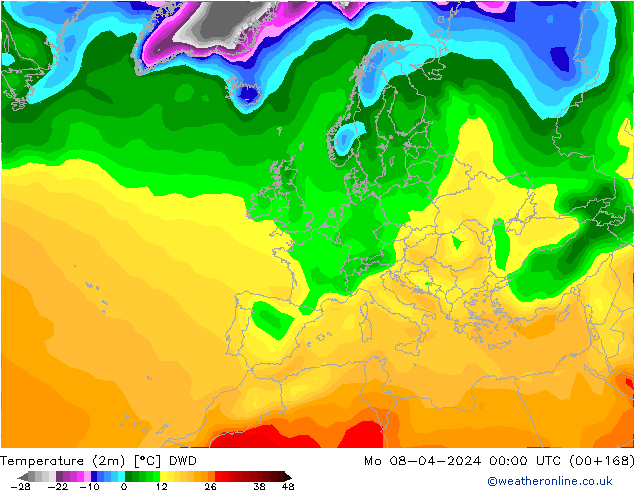 Temperaturkarte (2m) DWD Mo 08.04.2024 00 UTC