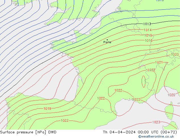 Presión superficial DWD jue 04.04.2024 00 UTC