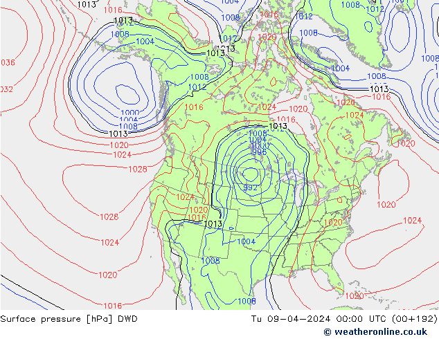 Surface pressure DWD Tu 09.04.2024 00 UTC