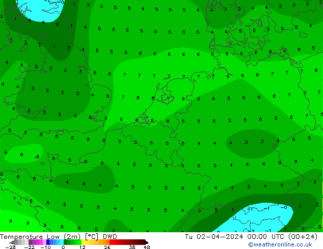 Nejnižší teplota (2m) DWD Út 02.04.2024 00 UTC