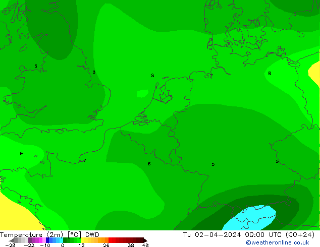 Temperature (2m) DWD Út 02.04.2024 00 UTC