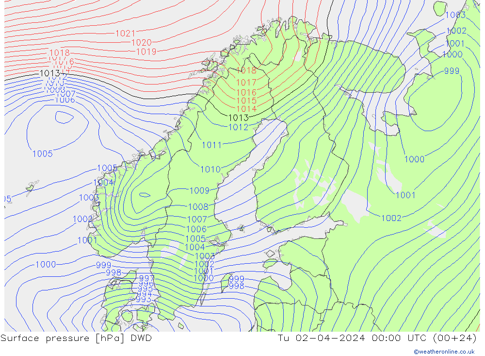 приземное давление DWD вт 02.04.2024 00 UTC