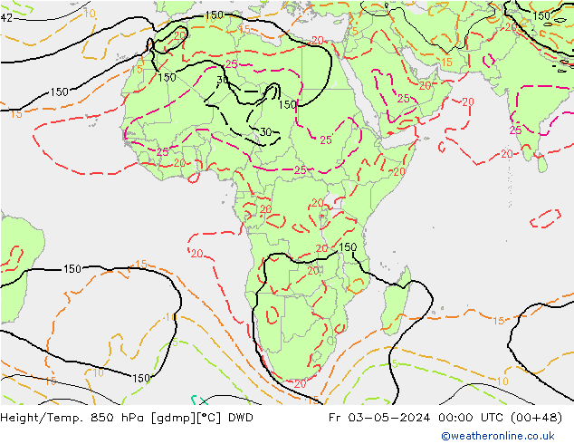 Height/Temp. 850 гПа DWD пт 03.05.2024 00 UTC