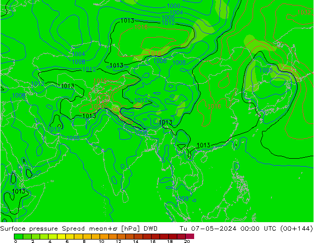 Atmosférický tlak Spread DWD Út 07.05.2024 00 UTC