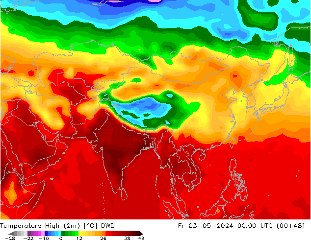 Nejvyšší teplota (2m) DWD Pá 03.05.2024 00 UTC