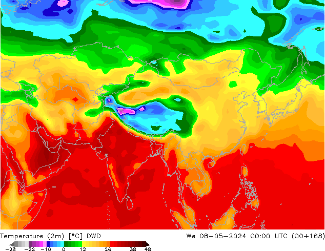 mapa temperatury (2m) DWD śro. 08.05.2024 00 UTC