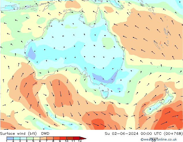 Wind 10 m (bft) DWD zo 02.06.2024 00 UTC