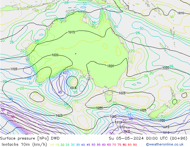 Izotacha (km/godz) DWD nie. 05.05.2024 00 UTC