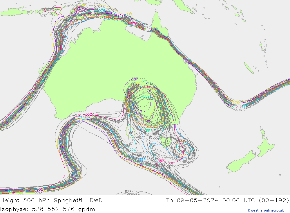 Height 500 hPa Spaghetti DWD czw. 09.05.2024 00 UTC