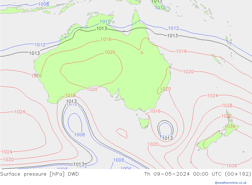 Atmosférický tlak DWD Čt 09.05.2024 00 UTC