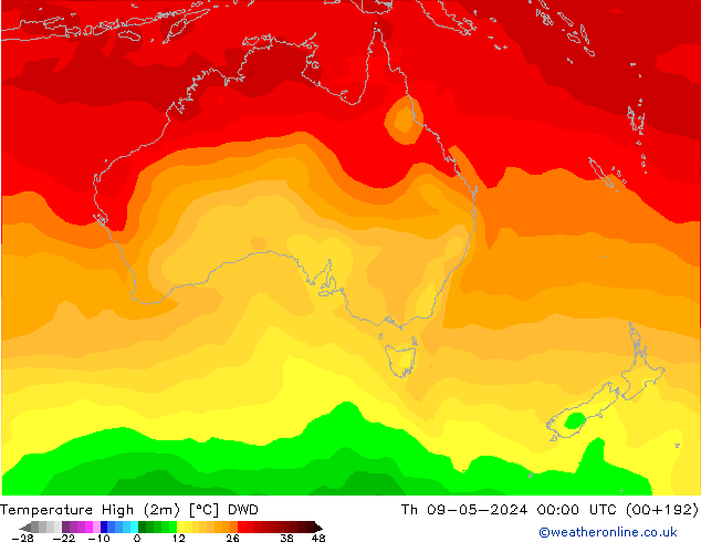 temperatura máx. (2m) DWD Qui 09.05.2024 00 UTC