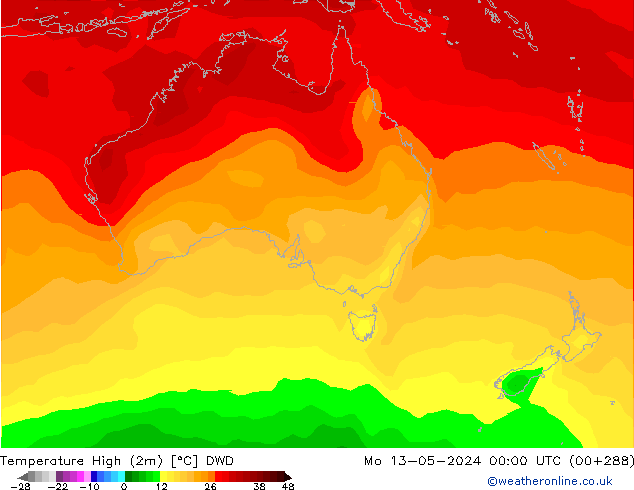 Max. Temperatura (2m) DWD pon. 13.05.2024 00 UTC