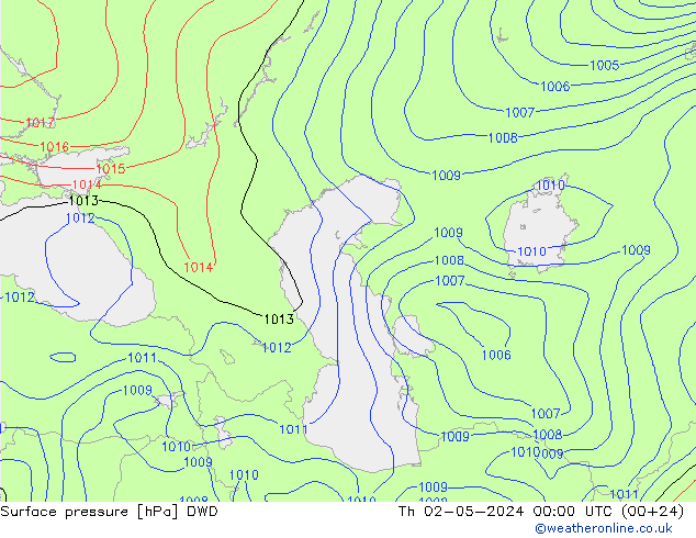 Presión superficial DWD jue 02.05.2024 00 UTC
