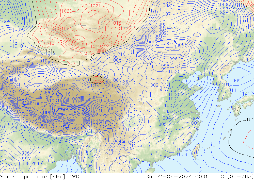 地面气压 DWD 星期日 02.06.2024 00 UTC