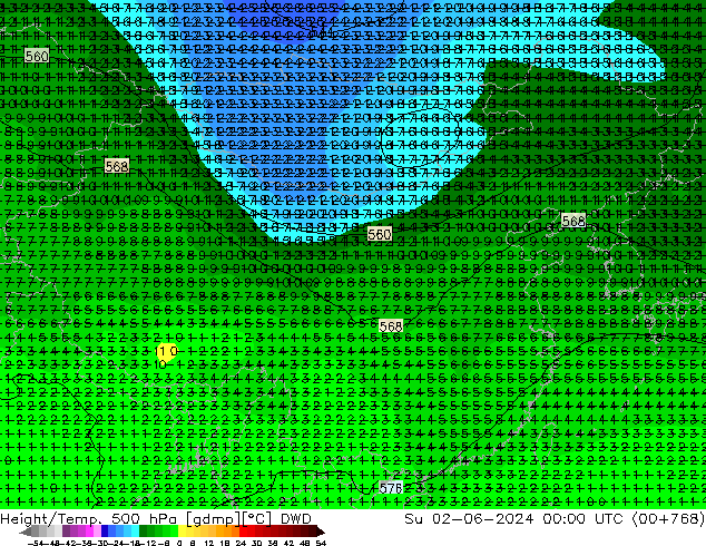 Hoogte/Temp. 500 hPa DWD zo 02.06.2024 00 UTC