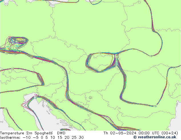 Temperatura 2m Spaghetti DWD Qui 02.05.2024 00 UTC