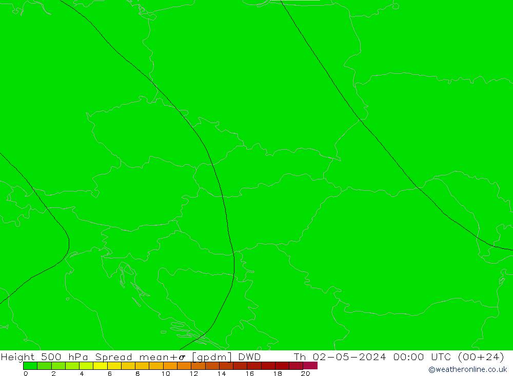 Height 500 hPa Spread DWD Qui 02.05.2024 00 UTC