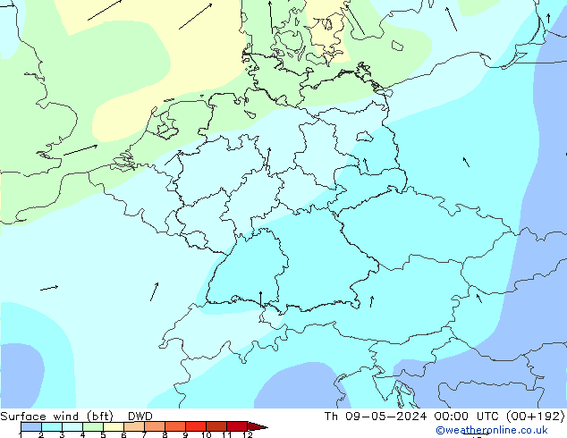 �N 10 米 (bft) DWD 星期四 09.05.2024 00 UTC