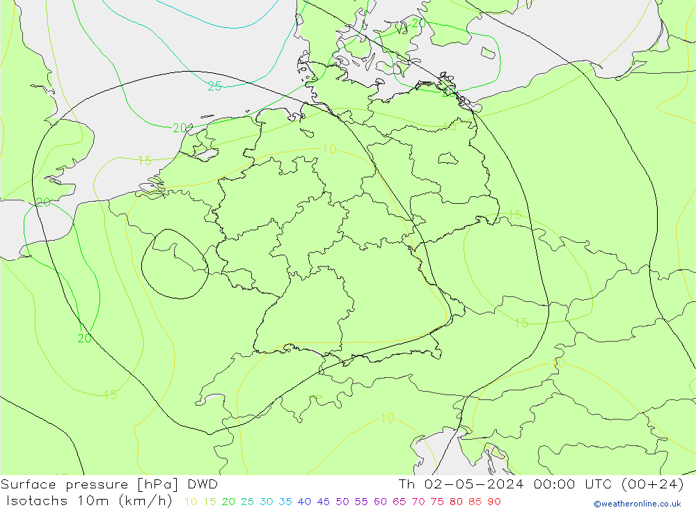 10米等风速线 (kph) DWD 星期四 02.05.2024 00 UTC