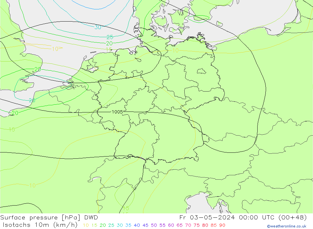 10米等风速线 (kph) DWD 星期五 03.05.2024 00 UTC
