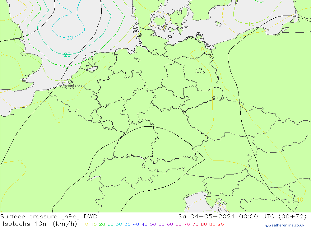 10米等风速线 (kph) DWD 星期六 04.05.2024 00 UTC