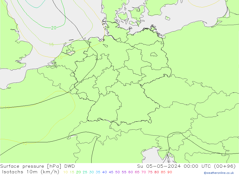 Isotachen (km/h) DWD zo 05.05.2024 00 UTC