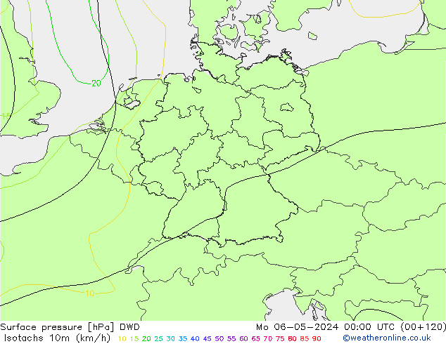 Isotachen (km/h) DWD ma 06.05.2024 00 UTC