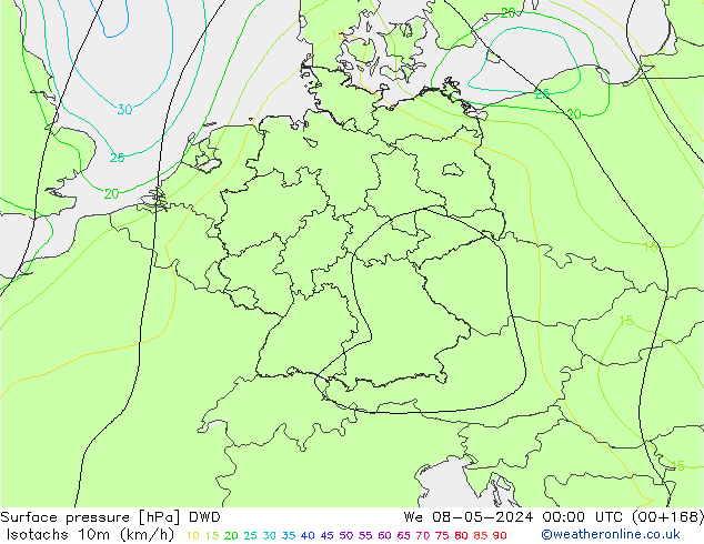 Isotachen (km/h) DWD wo 08.05.2024 00 UTC