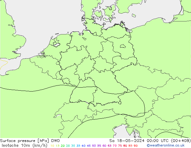 Isotachen (km/h) DWD za 18.05.2024 00 UTC