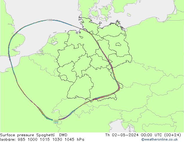 Presión superficial Spaghetti DWD jue 02.05.2024 00 UTC