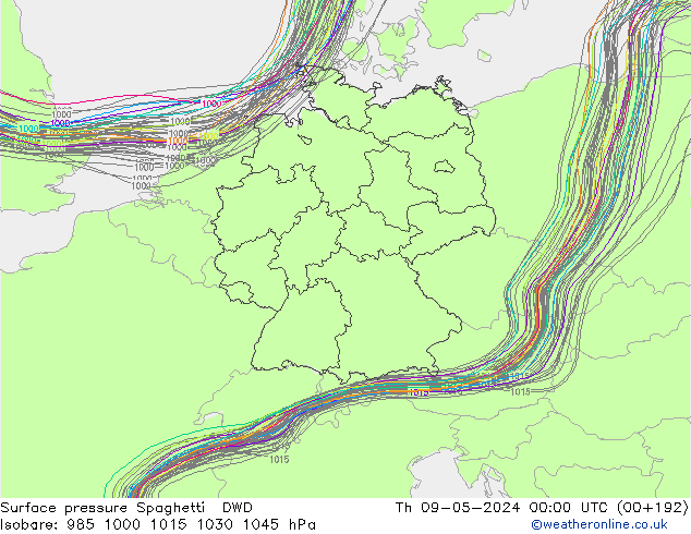 Surface pressure Spaghetti DWD Th 09.05.2024 00 UTC