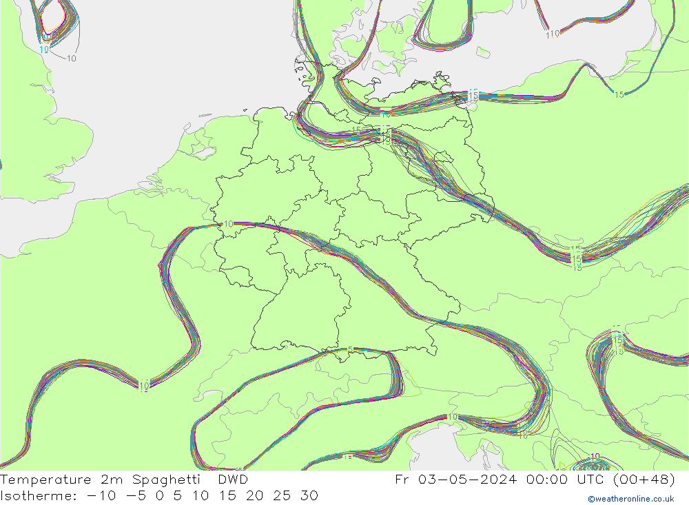 Temperatuurkaart Spaghetti DWD vr 03.05.2024 00 UTC