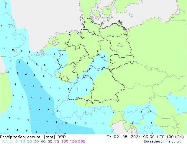 Precipitation accum. DWD чт 02.05.2024 00 UTC