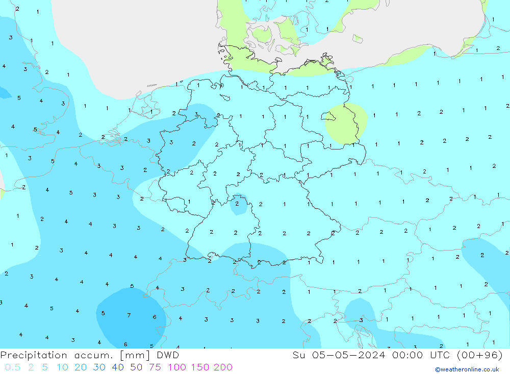 Totale neerslag DWD zo 05.05.2024 00 UTC