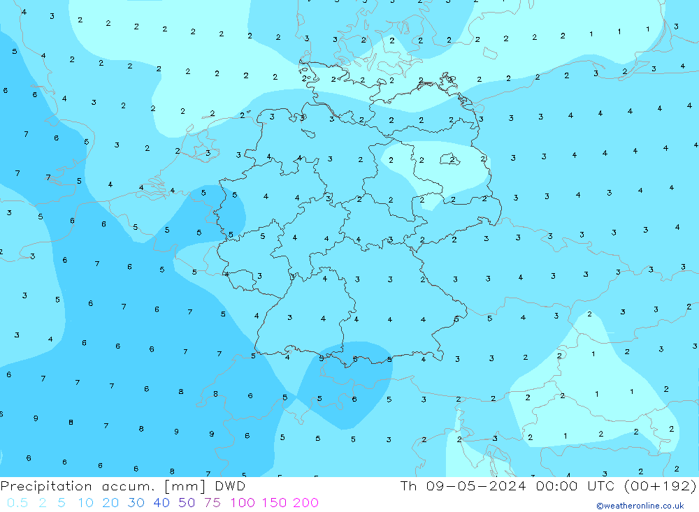 Precipitation accum. DWD Čt 09.05.2024 00 UTC